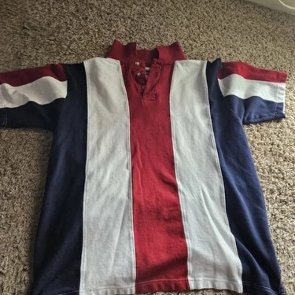 RedHead Men''s Cotton Polo XL Color block Red White Blue wide vertical Stripes